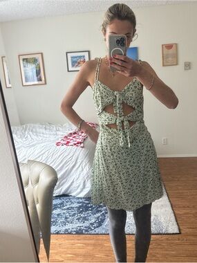 Olivaceous Light Green Floral Tie-Front Mini Dress